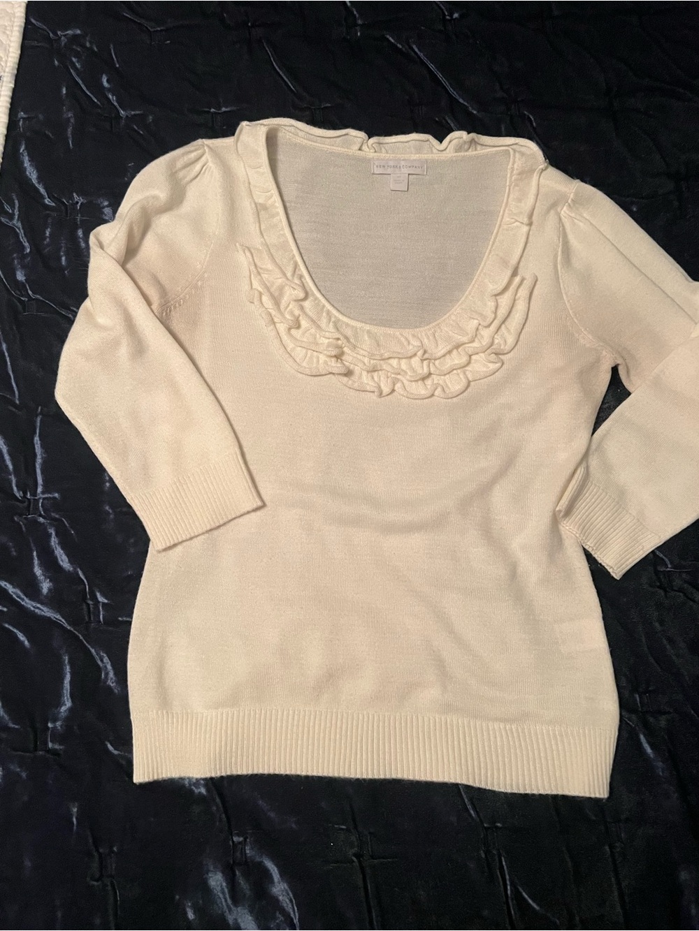 New York & Company Cream Ruffle Scoop-Neck Sweater